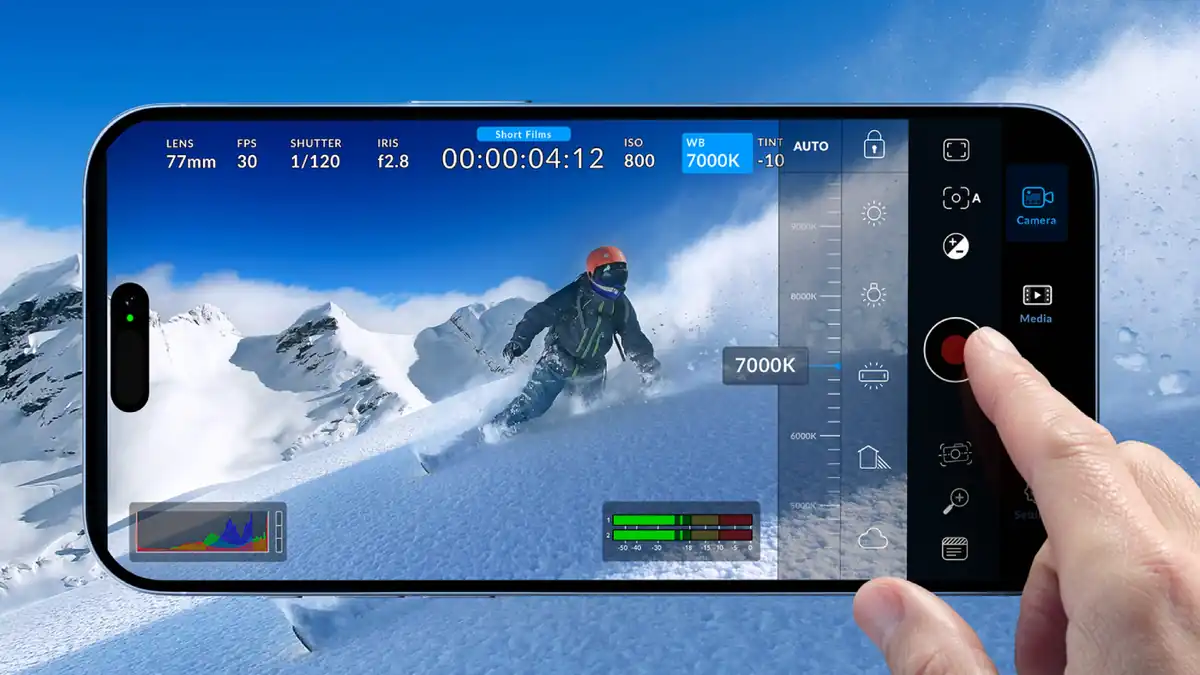 Interfaz de Blackmagic Camera en un iPhone grabando una escena