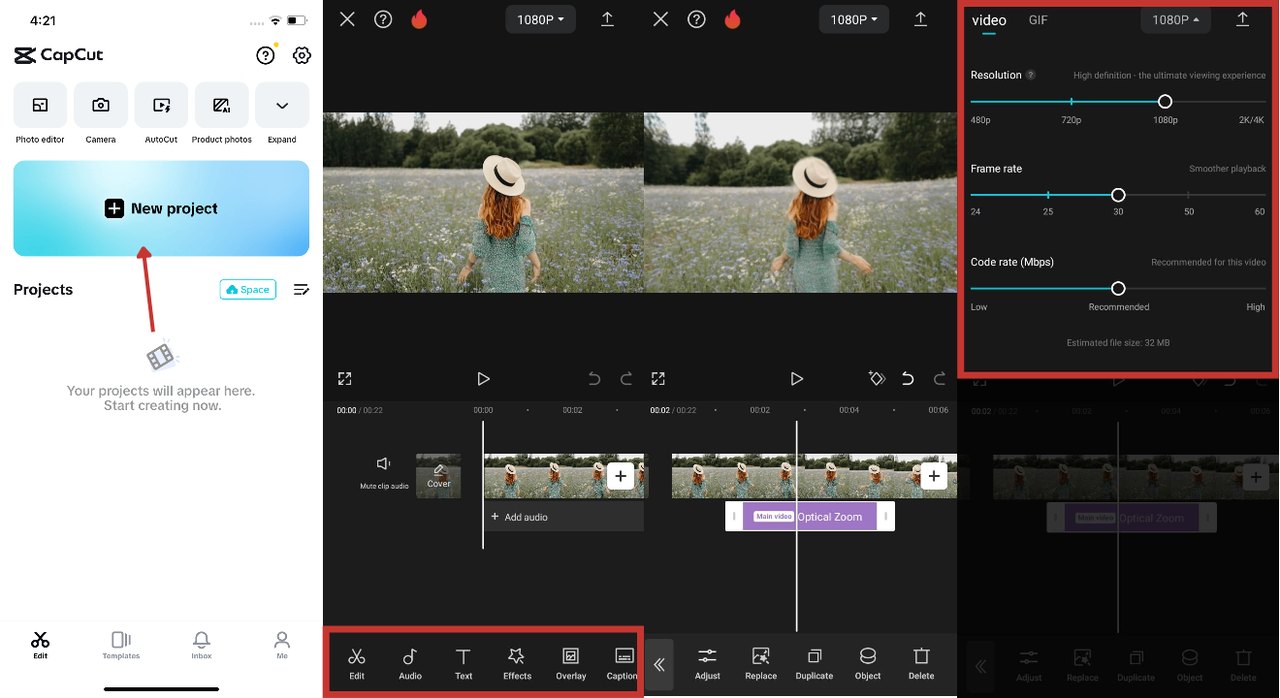 Capturas de CapCut en el móvil: pantalla de inicio, edición y menú de exportación con resolución, frame rate y code rate