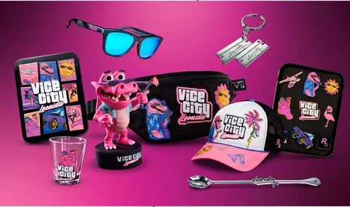 Objetos de The Goodtime State – Vice City Collection: gafas, llavero, riñonera, gorra, vaso de chupito y figura del caimán