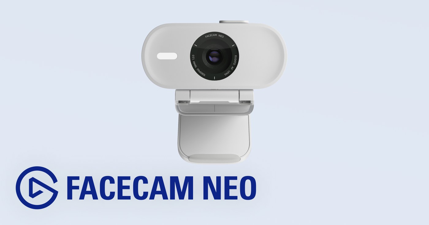 White Elgato Facecam Neo webcam on a monitor