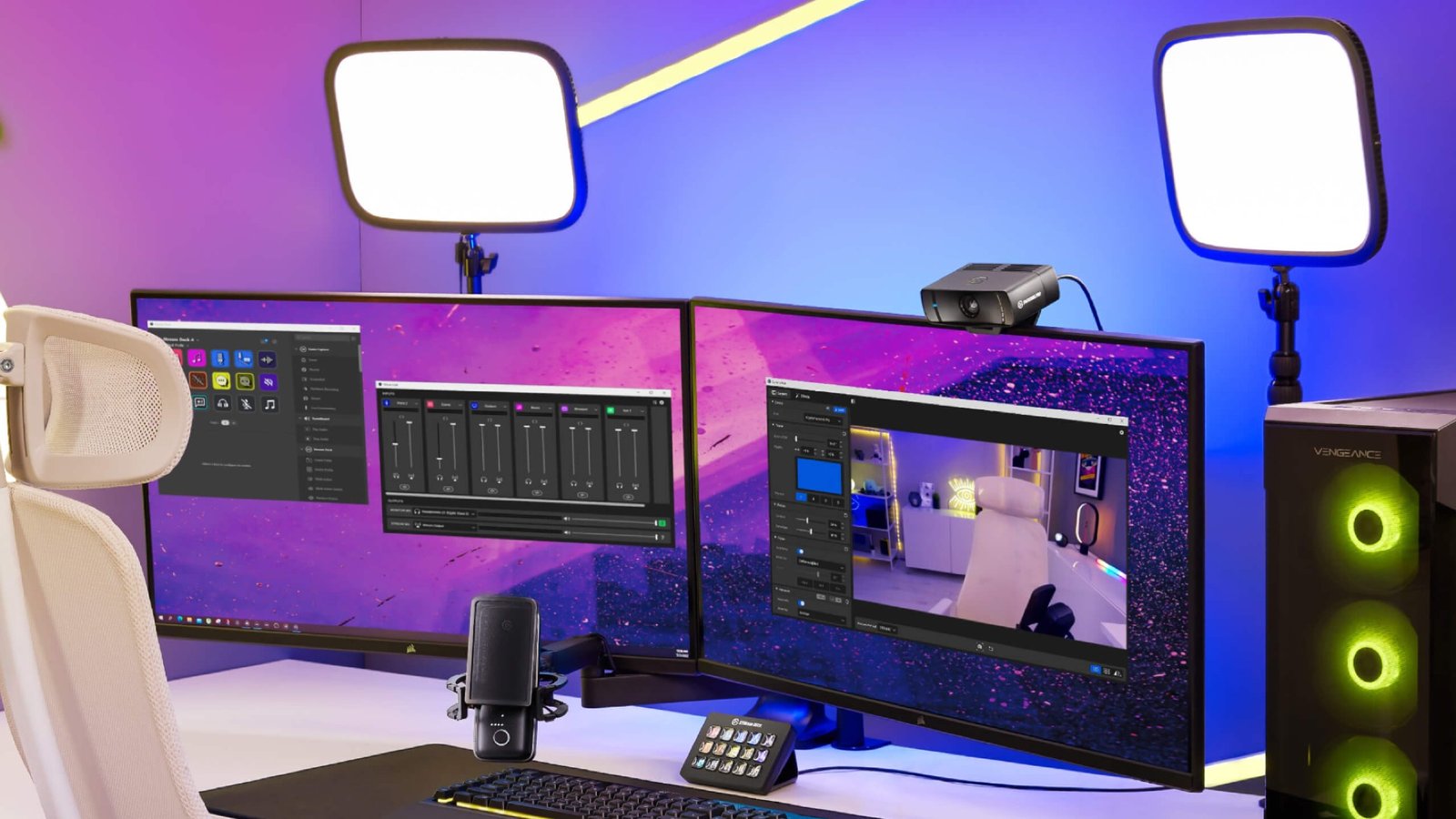 Streaming desk lit by two Elgato panels, with webcam, microphone and Stream Deck