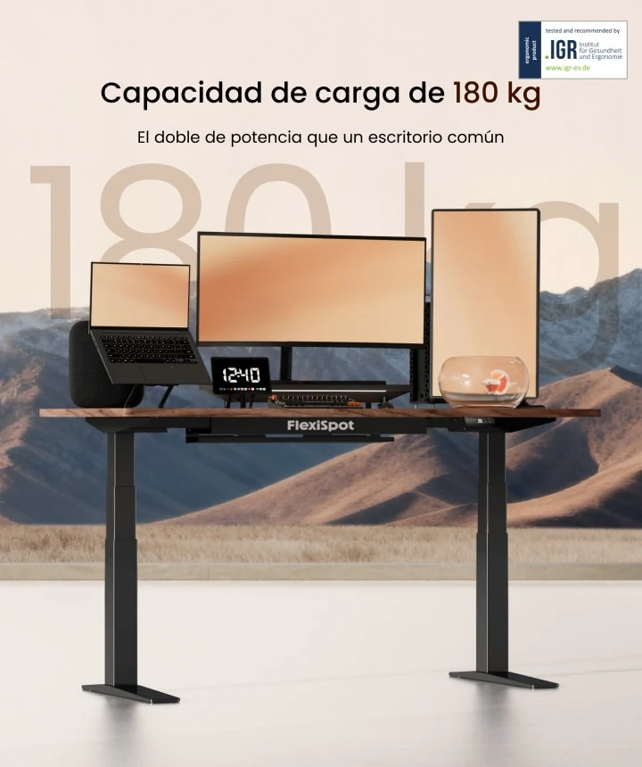 Mesa elevable FlexiSpot E7 Pro en un anuncio que indica 180 kg de carga