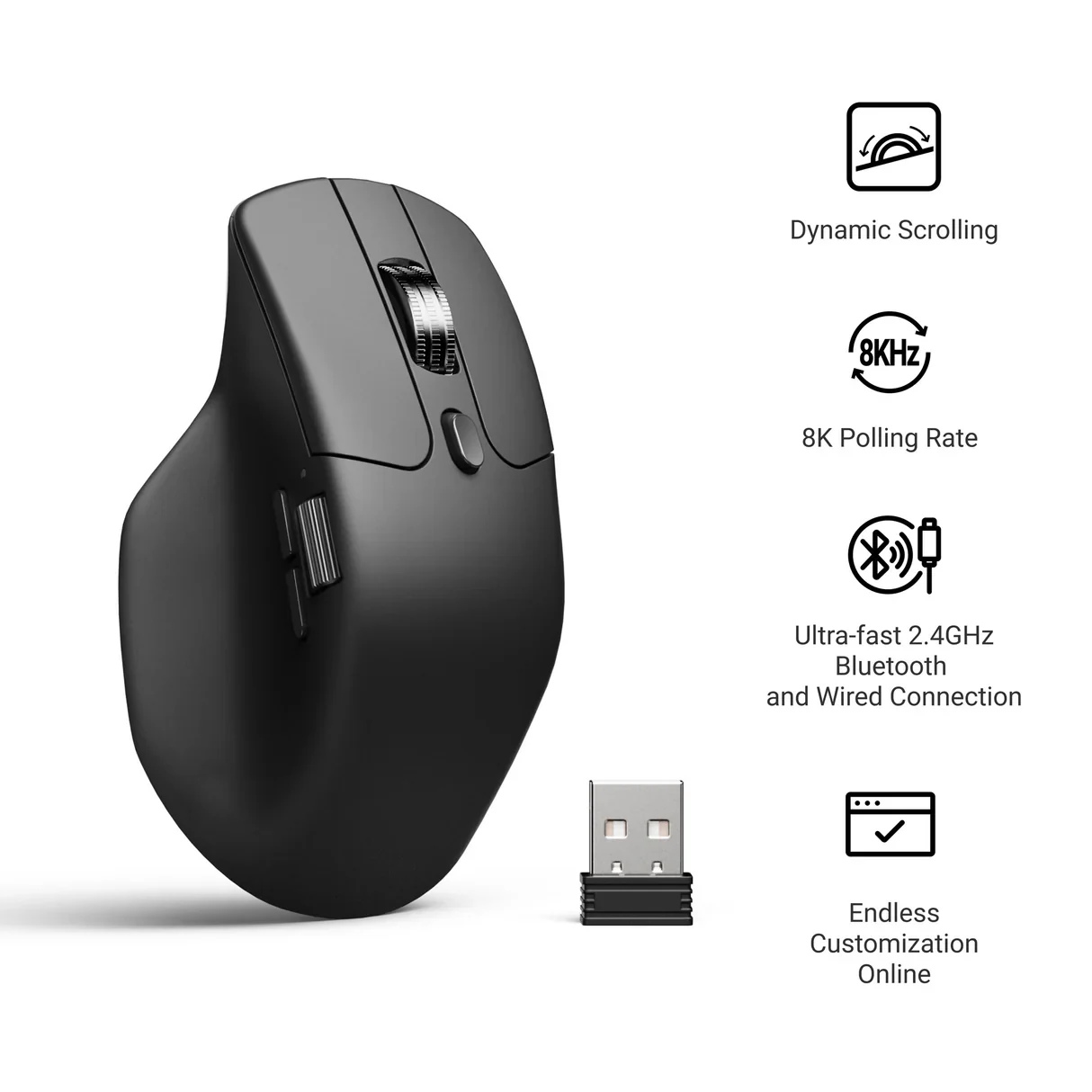 Ratón Keychron M6 y receptor junto a sus modos de conexión y sondeo