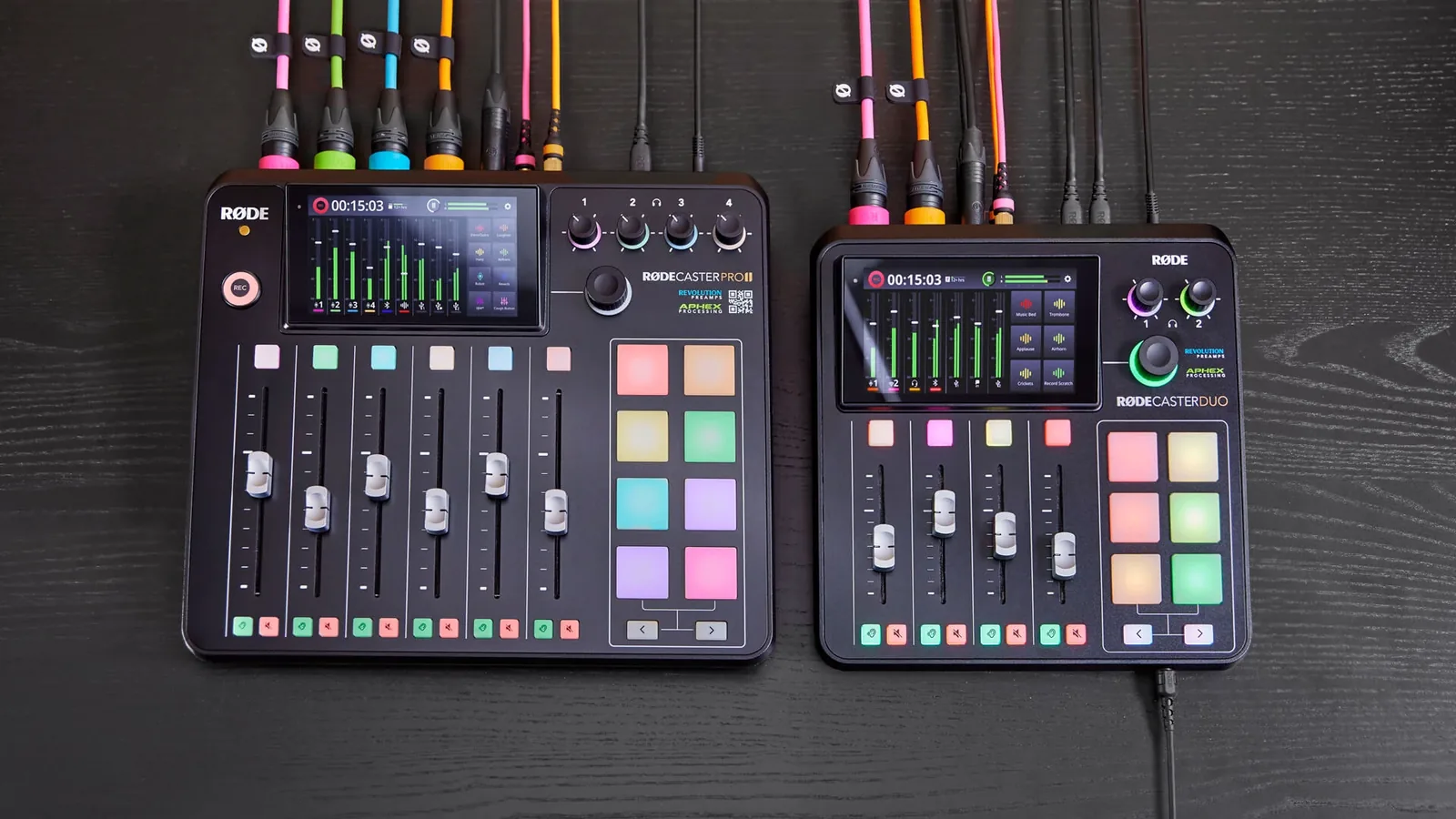 RØDECaster Pro II and RØDECaster Duo with screens, faders and colored pads
