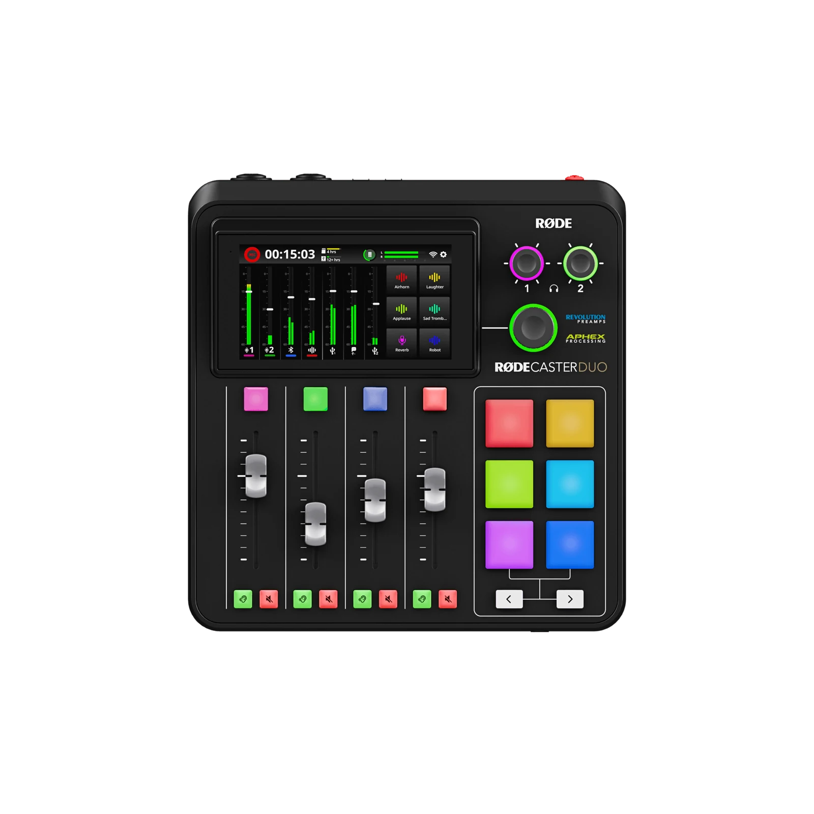 RØDECaster Duo with screen, four faders and colored pads