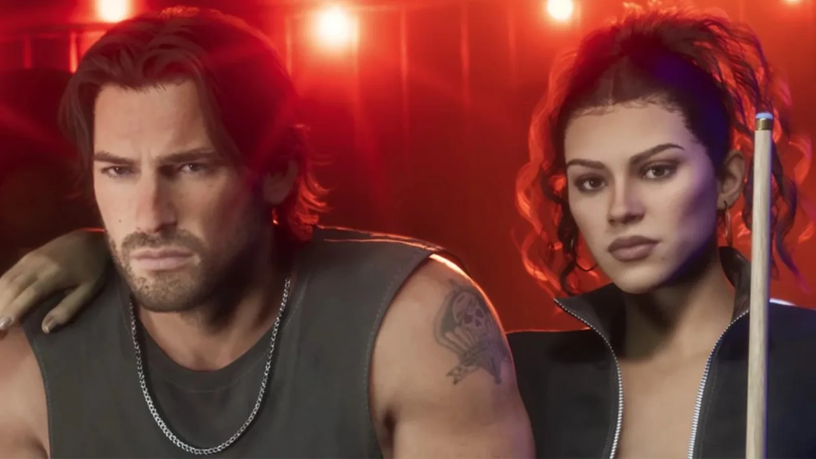 Jason y Lucia en una escena oficial de GTA VI con iluminación roja