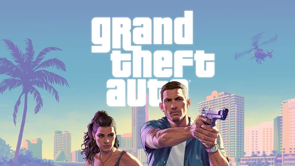 Arte oficial de GTA 6: Jason apunta con una pistola junto a Lucia bajo el logo de Grand Theft Auto, con los edificios de Vice City detrás