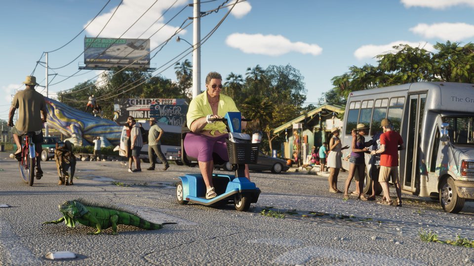 A bus and local traffic beside pedestrians in the Leonida Keys in GTA 6
