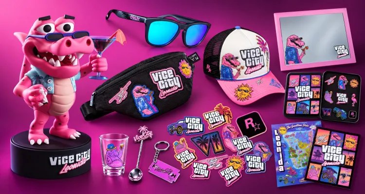 Colección The Goodtime State de GTA 6: figura de caimán rosa, gafas de sol, riñonera, gorra, pegatinas y póster de Leonida
