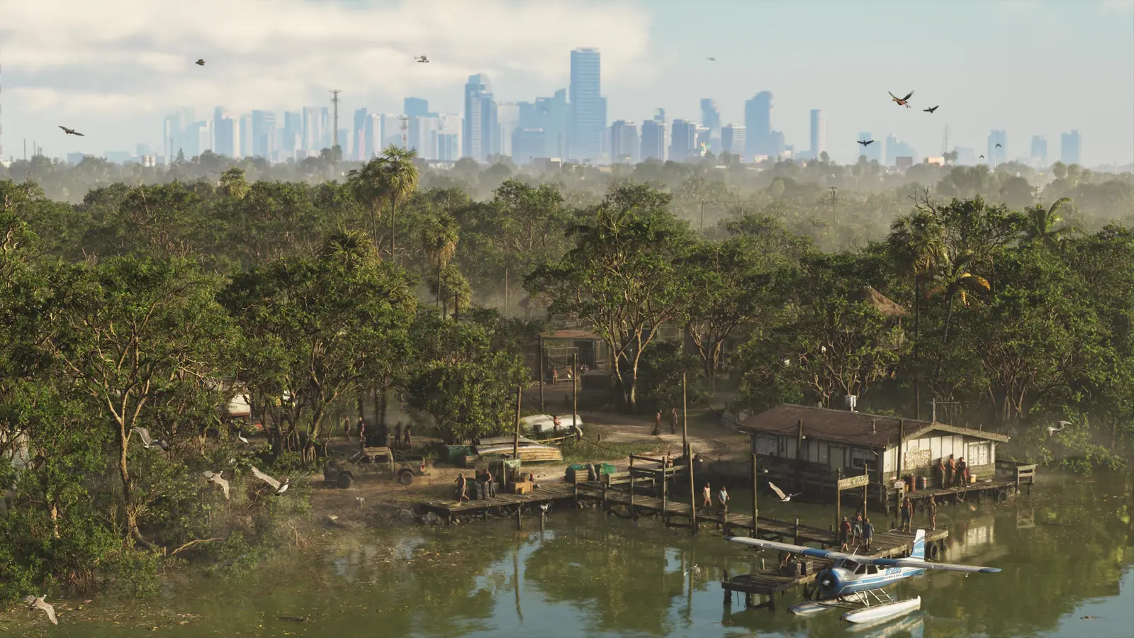 Manglares y cabañas sobre el agua en Grassrivers, con una avioneta amarrada y el skyline de Vice City al fondo