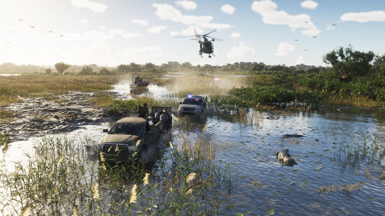 Persecución por los humedales de Grassrivers: una camioneta camuflada cargada de caimanes huye de coches de policía, un hidrodeslizador y un helicóptero
