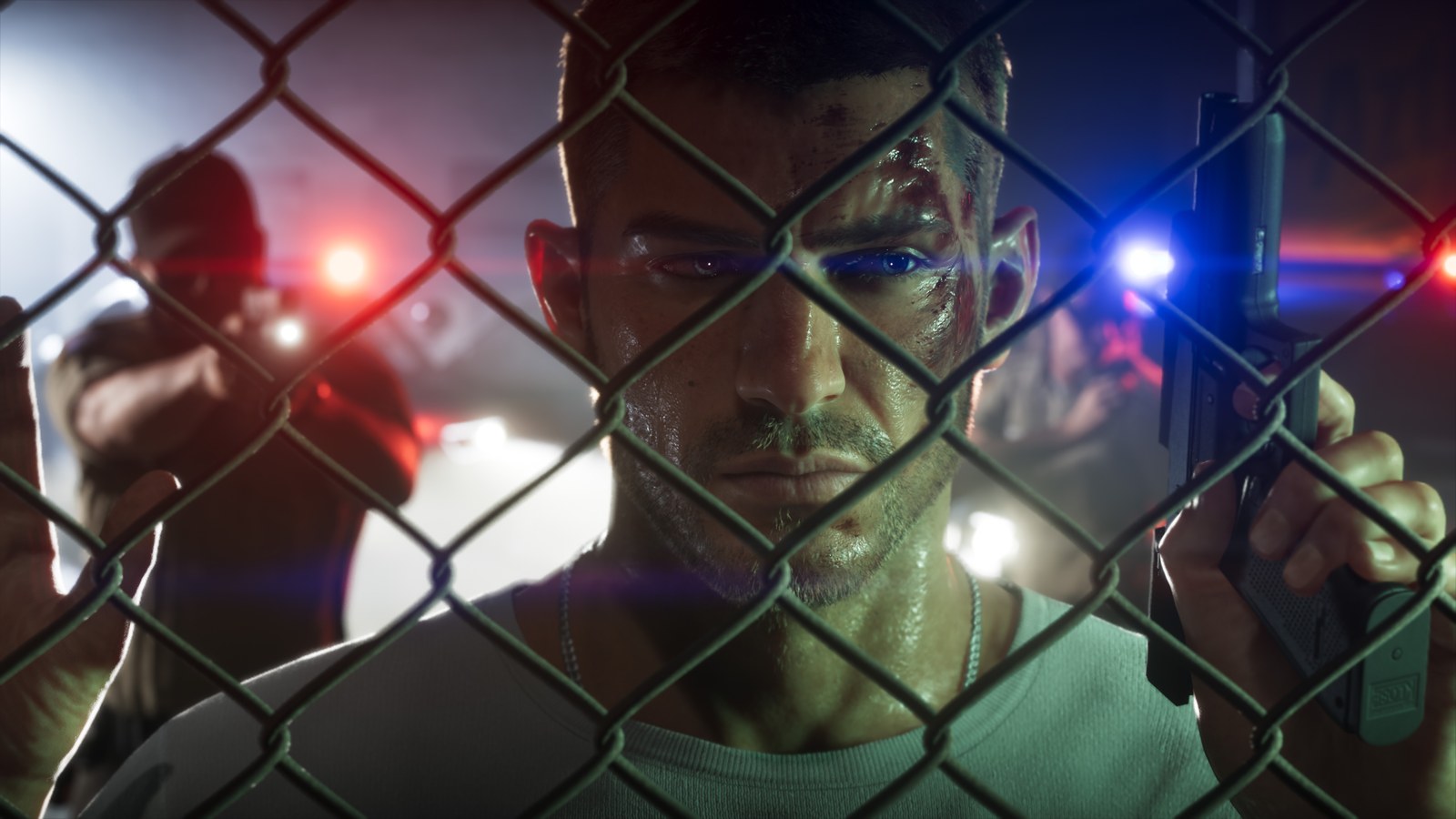 Jason Duval behind a fence with red and blue police lights in GTA 6