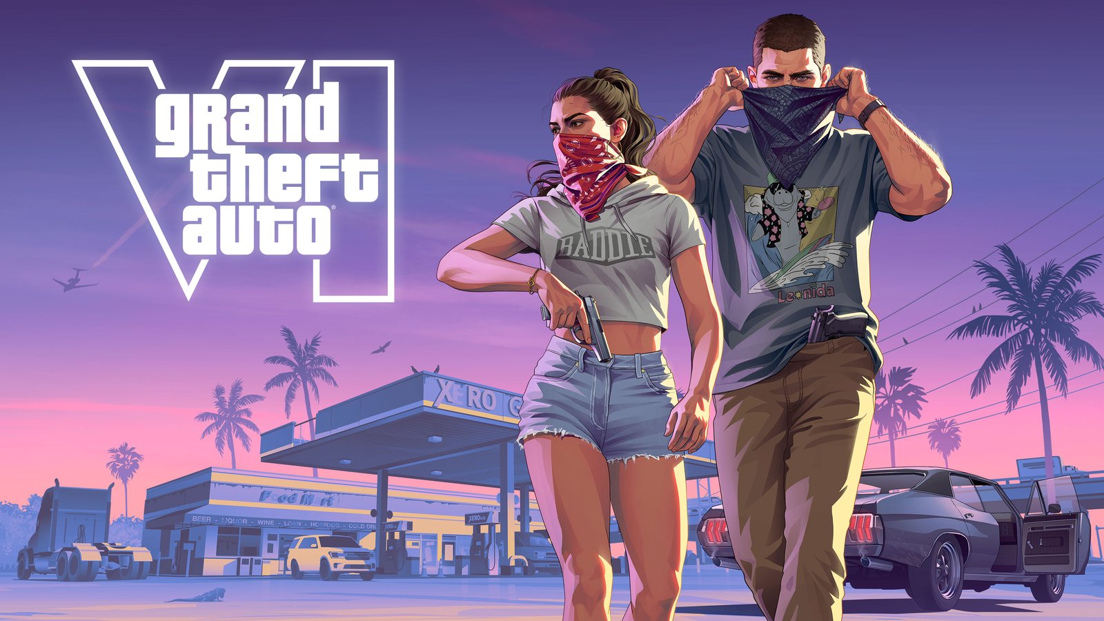 Arte oficial de GTA 6: Lucia y Jason se tapan la cara con pañuelos frente a una gasolinera