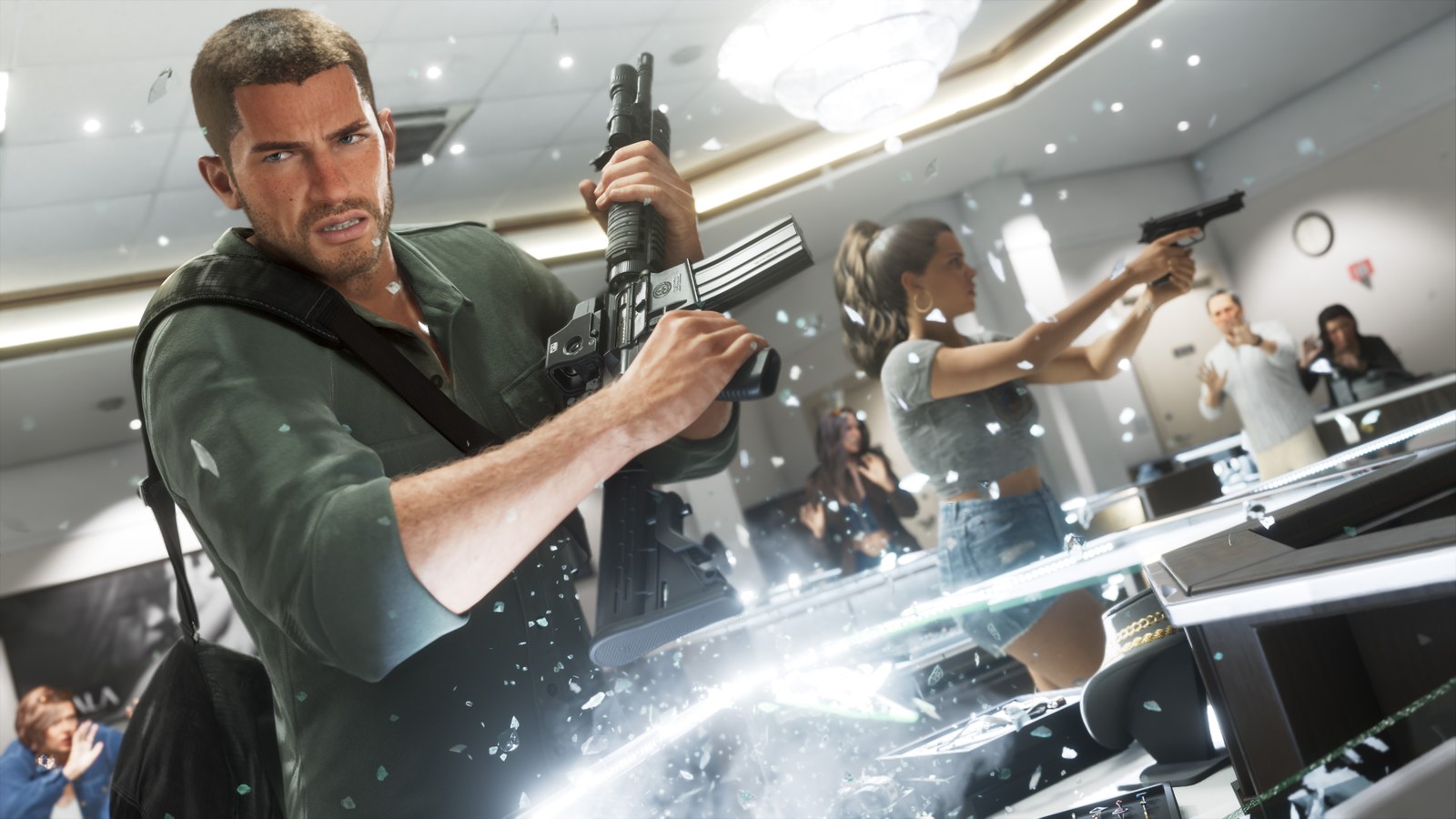 Jason and Lucia during a jewelry-store robbery as display cases shatter in GTA 6