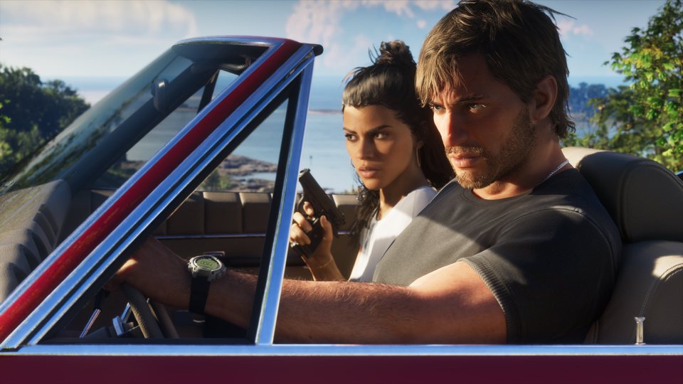 Jason Duval y Lucia Caminos juntos dentro de un coche en GTA 6