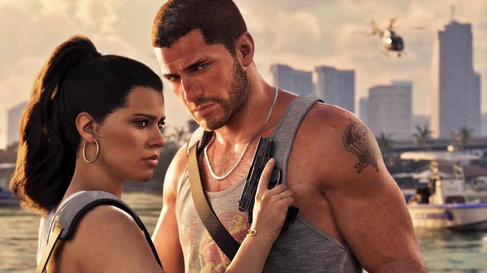 Lucia Caminos y Jason Duval juntos junto al agua en Vice City en GTA 6