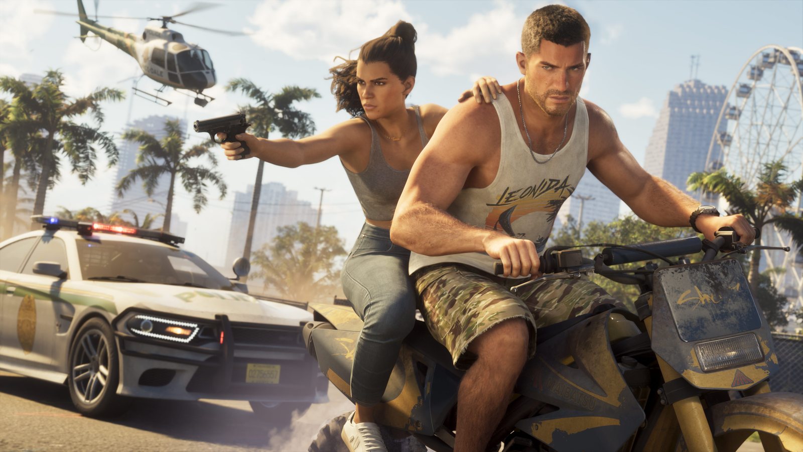 Jason rides a dirt bike with Lucia behind him aiming a pistol, chased by a police car and a helicopter in Vice City