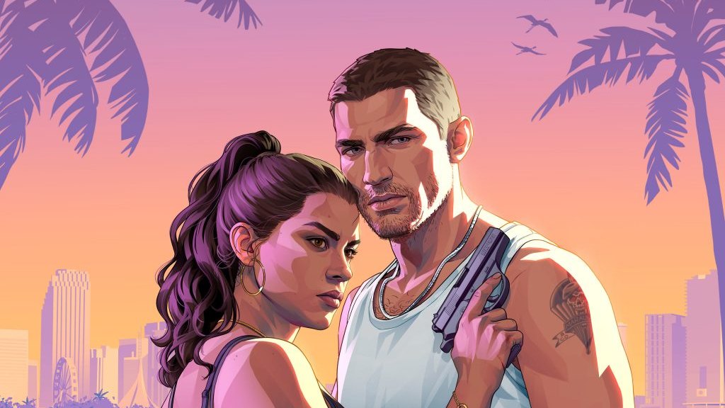 Ilustración de Jason y Lucia abrazados frente a la costa de Vice City al atardecer