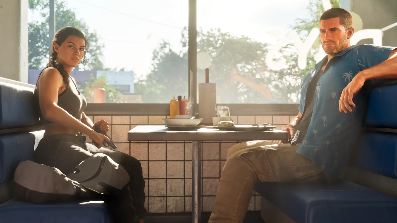 Lucia y Jason sentados frente a frente en un diner, cada uno con una pistola en la mano, en GTA 6