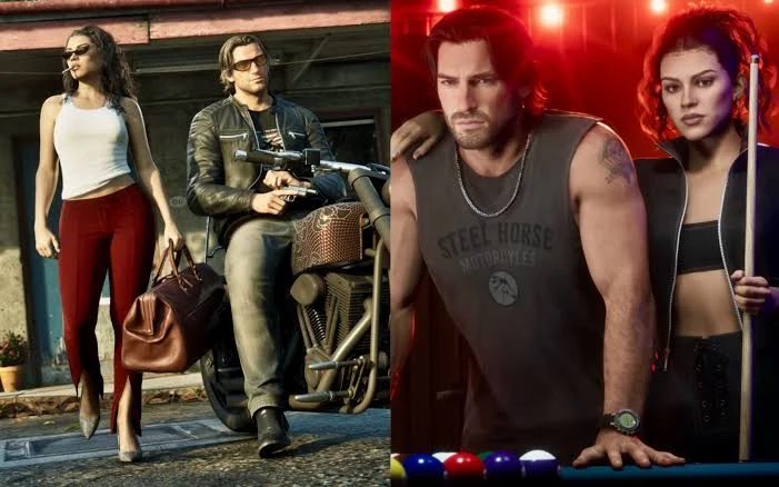 Dos imágenes: Lucia caminando con una bolsa de viaje junto a Jason en una moto, y la pareja junto a una mesa de billar