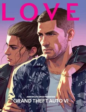 Portada de LOVE Magazine #27 con una ilustración de Jason y Lucia y el texto Grand Theft Auto VI