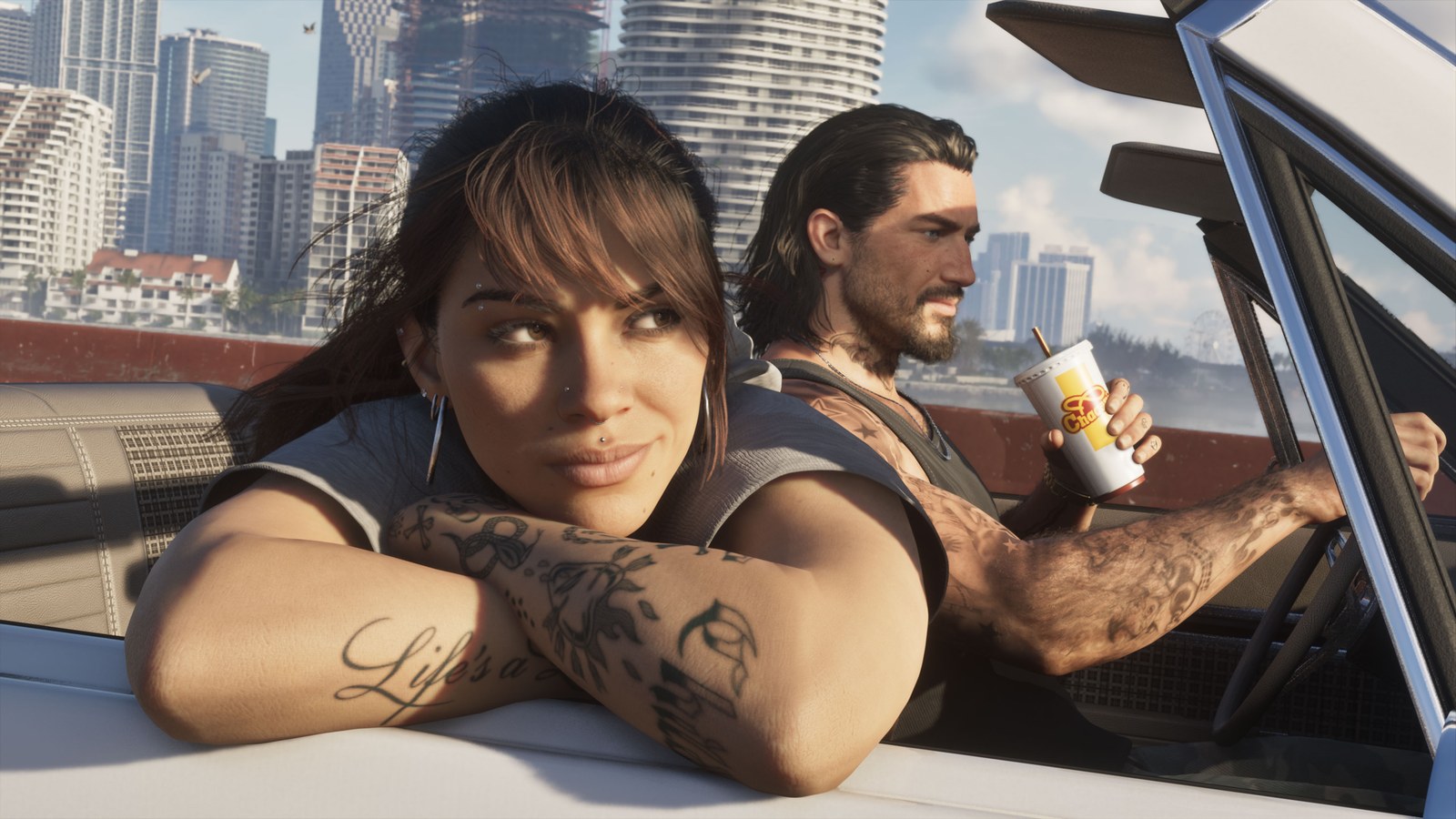 Lucia leans on a convertible while Jason drives through Vice City in GTA 6