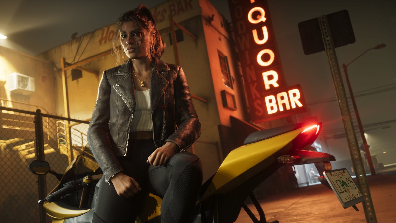 Lucia Caminos in a leather jacket with her hair tied up beside a motorcycle in GTA 6