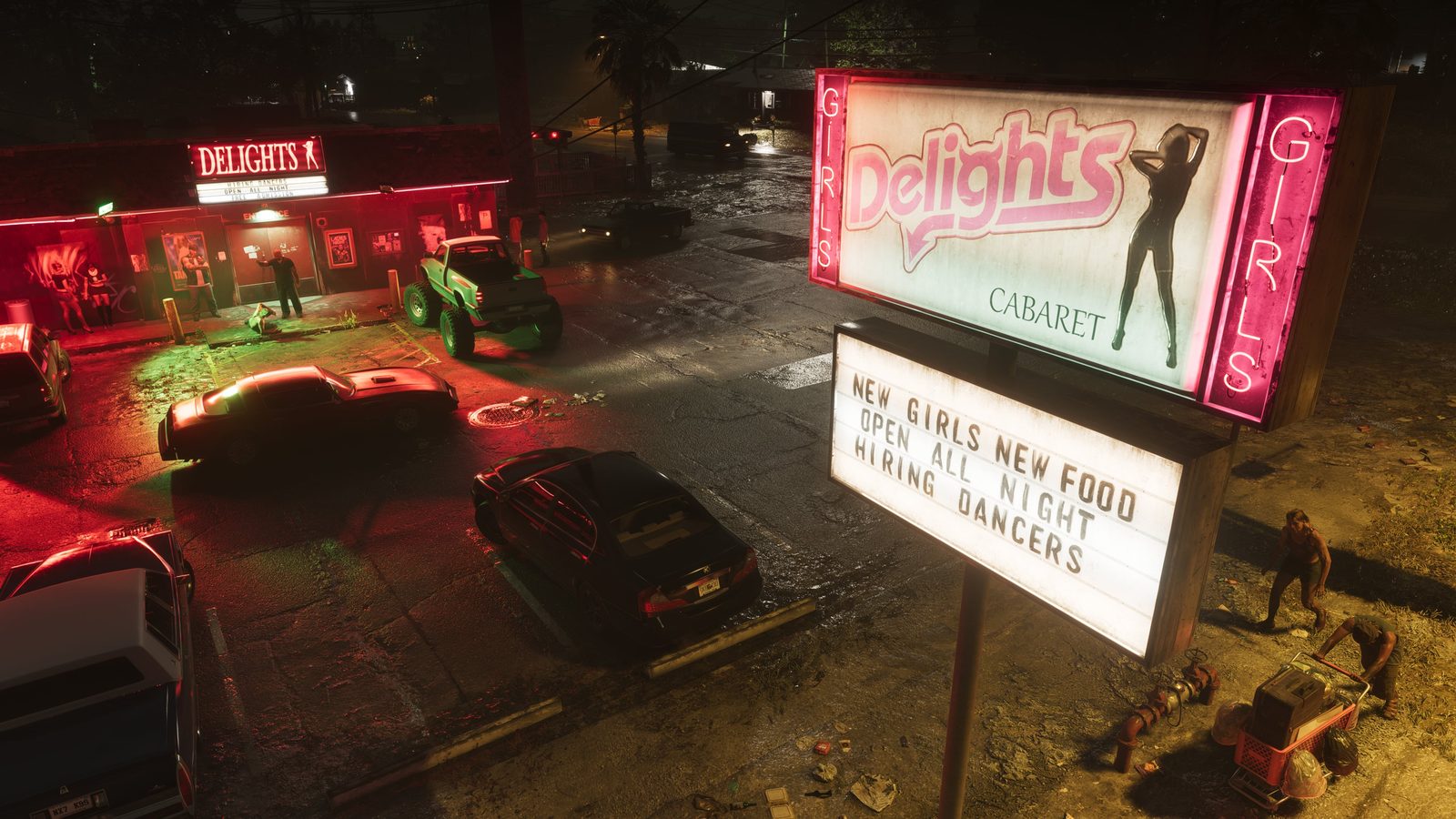 Aparcamiento mojado de noche frente al club Delights Cabaret en Port Gellhorn, con su cartel de neón rosa y una camioneta monster truck