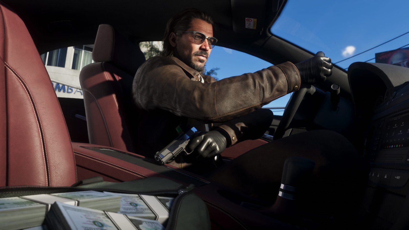 Raul Bautista driving a car with red leather seats and a detailed interior in GTA 6