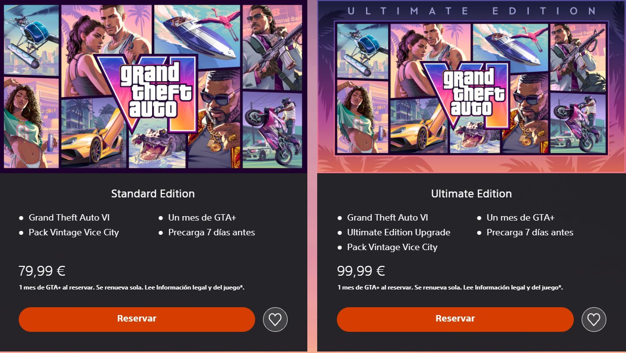 Standard Edition a 79,99 € y Ultimate Edition a 99,99 € de GTA 6 en PlayStation Store