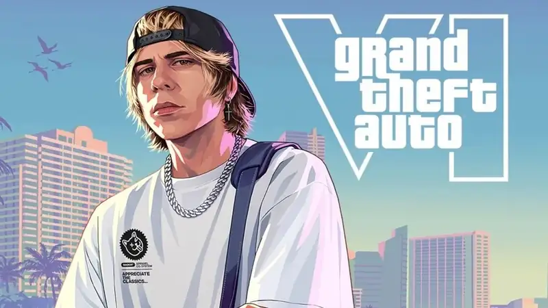 Illustration of a content creator beside the GTA VI logo and the Vice City skyline
