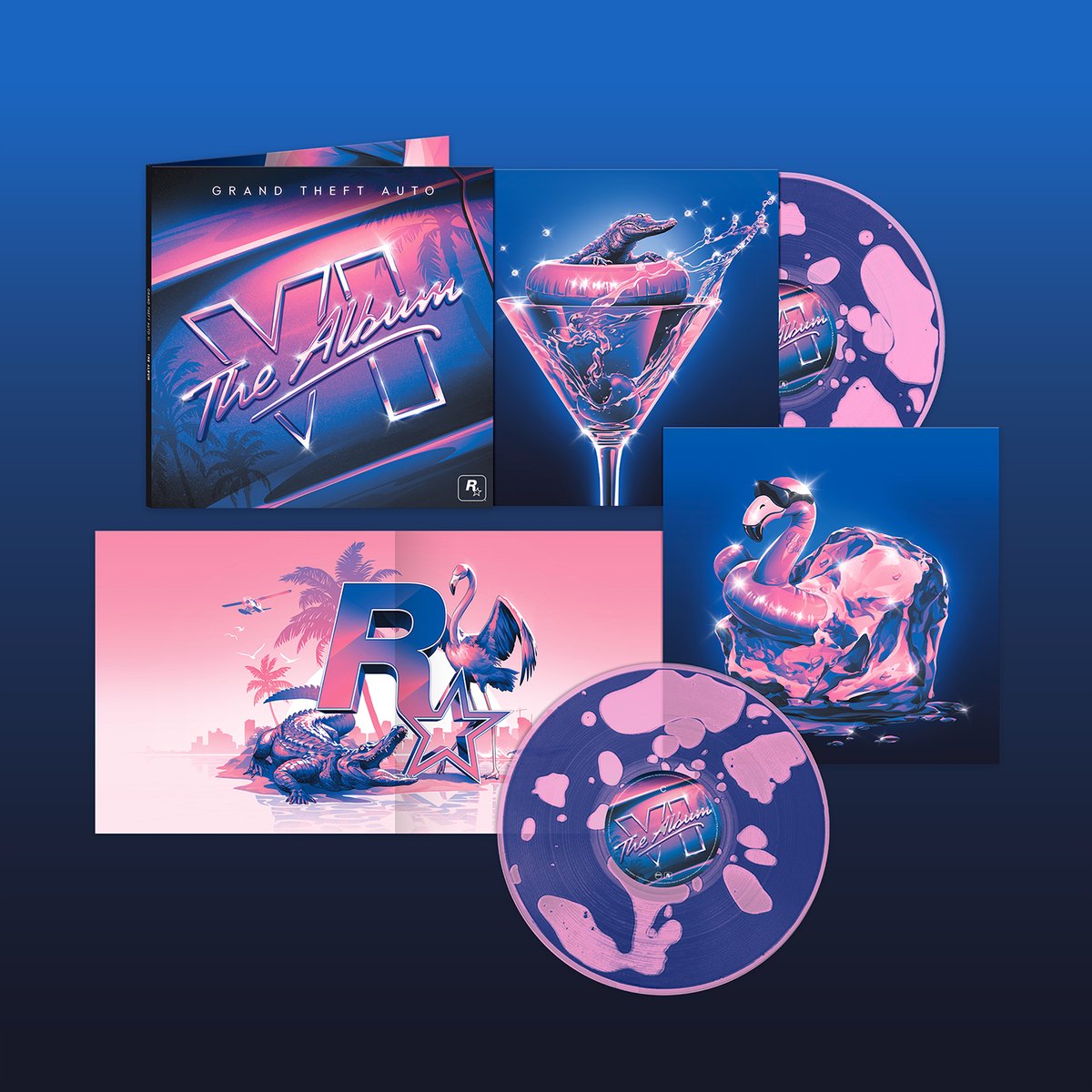Edición en vinilo de Grand Theft Auto VI: The Album: carpeta desplegable, fundas ilustradas con un caimán y un flamenco, y dos discos morados con manchas rosas