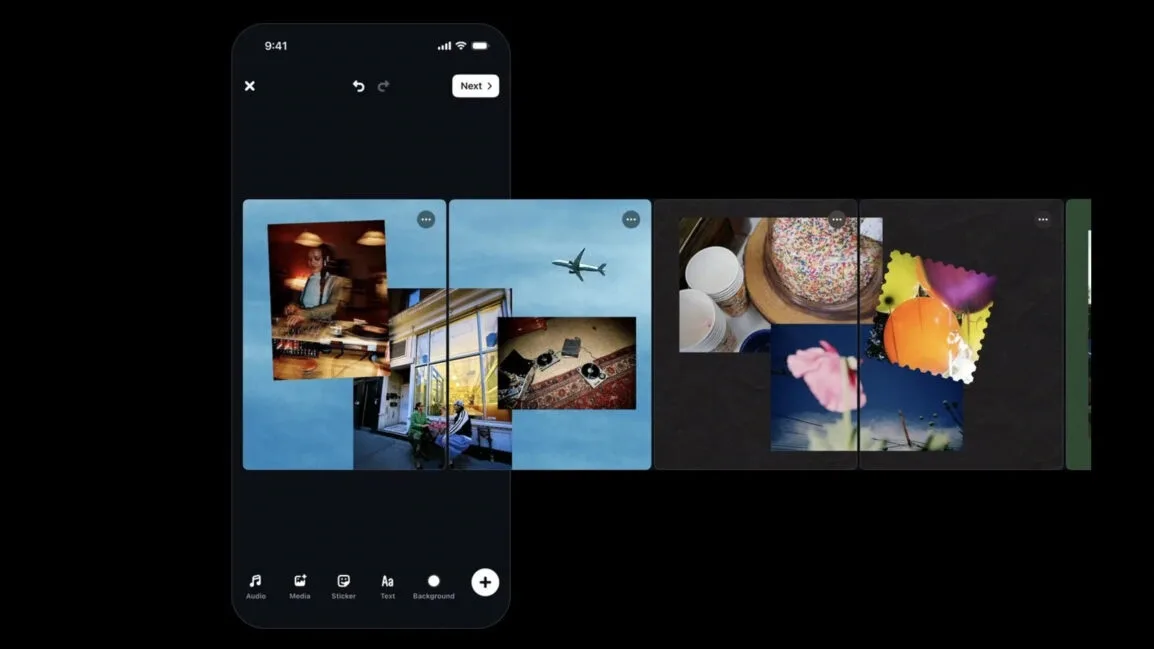 Editor de carruseles de la app Edits de Instagram con fotos y vídeos en varias diapositivas