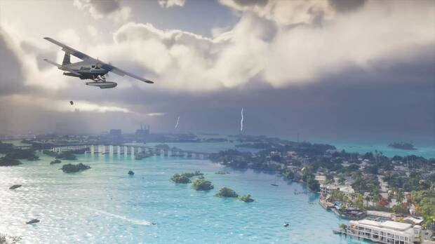Seaplane over the Leonida coast with a storm and lightning behind it