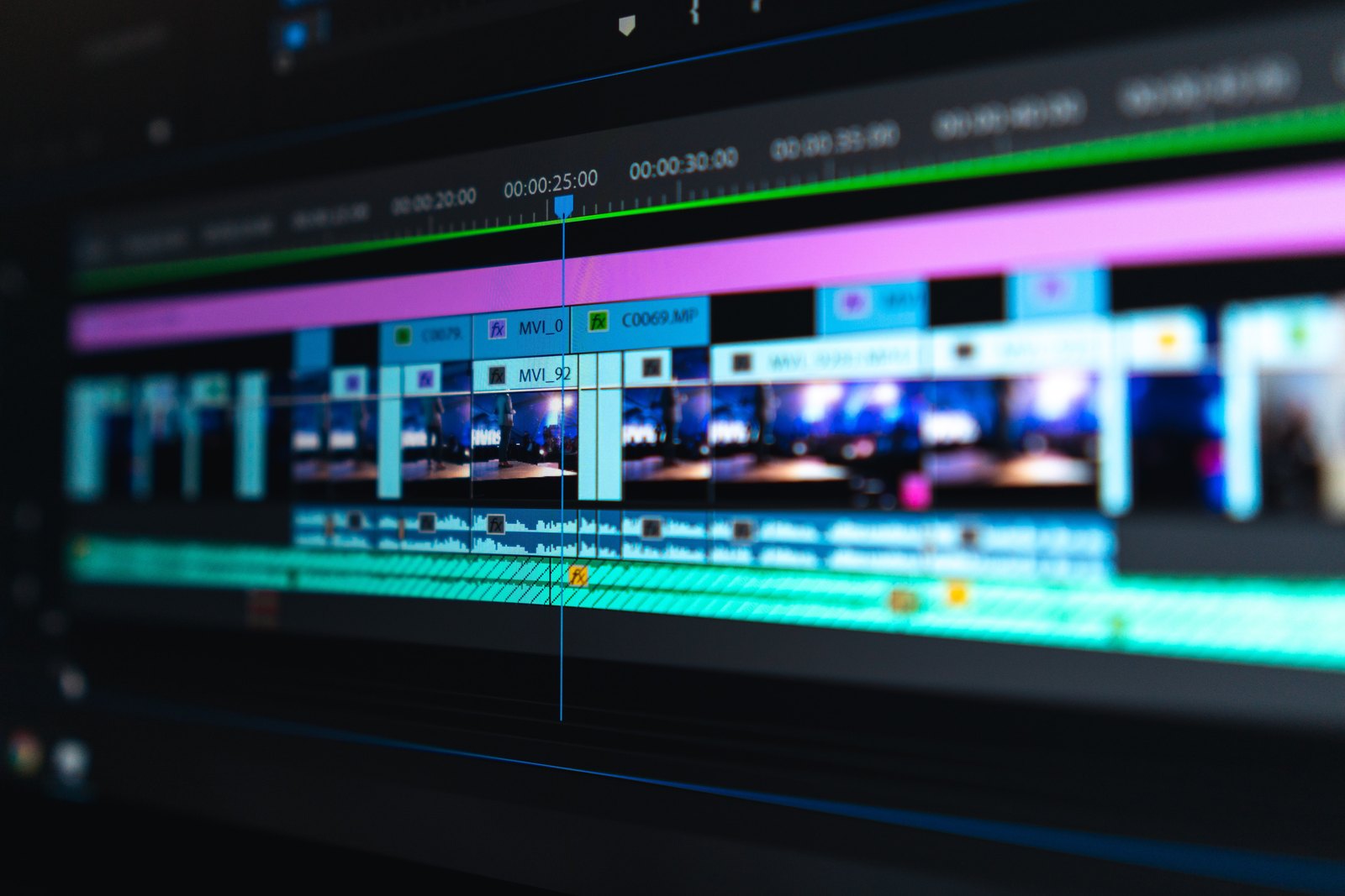 Video editor timeline with clips and audio tracks