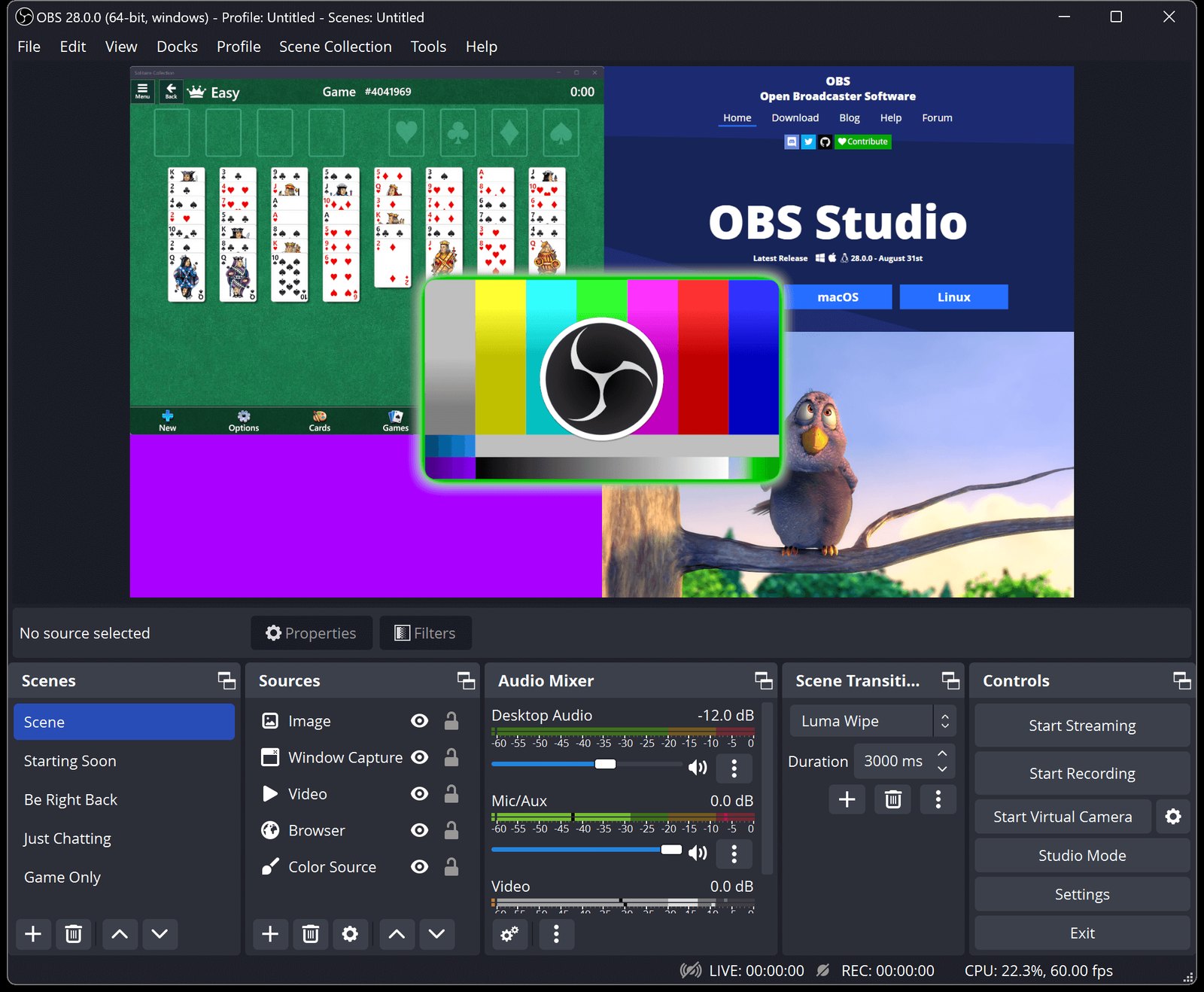 OBS Studio interface with a scene preview and, below it, the scenes, sources, audio mixer, transitions and controls panels for streaming and recording