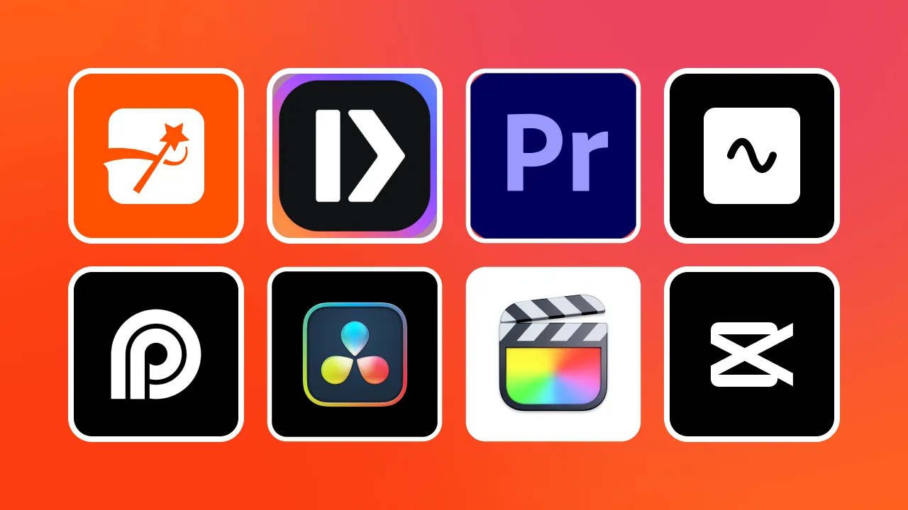Video editing app icons, including Premiere, DaVinci Resolve, Final Cut Pro and CapCut, on an orange background