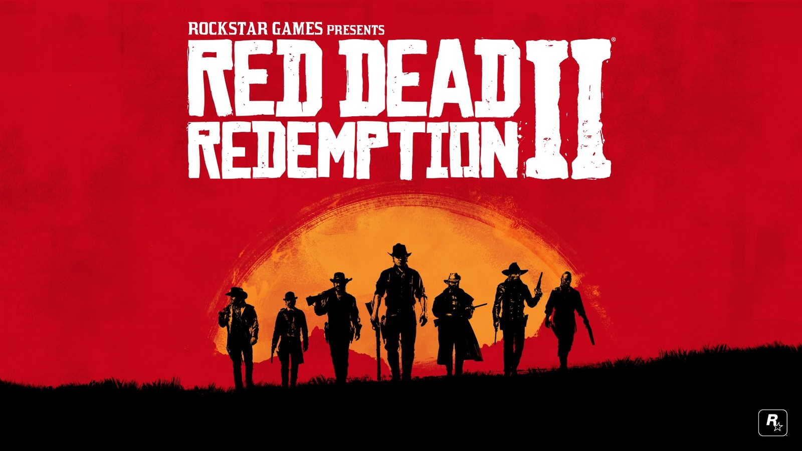 Arte promocional de Red Dead Redemption 2 con el logotipo y la banda recortada sobre un fondo rojo