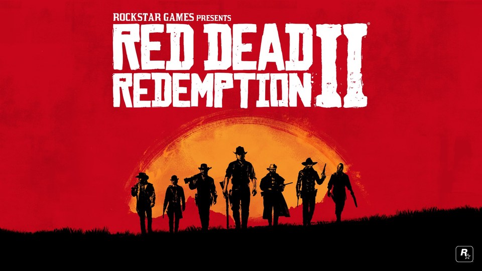 Arte promocional de Red Dead Redemption 2 con el logotipo y la banda recortada sobre un fondo rojo