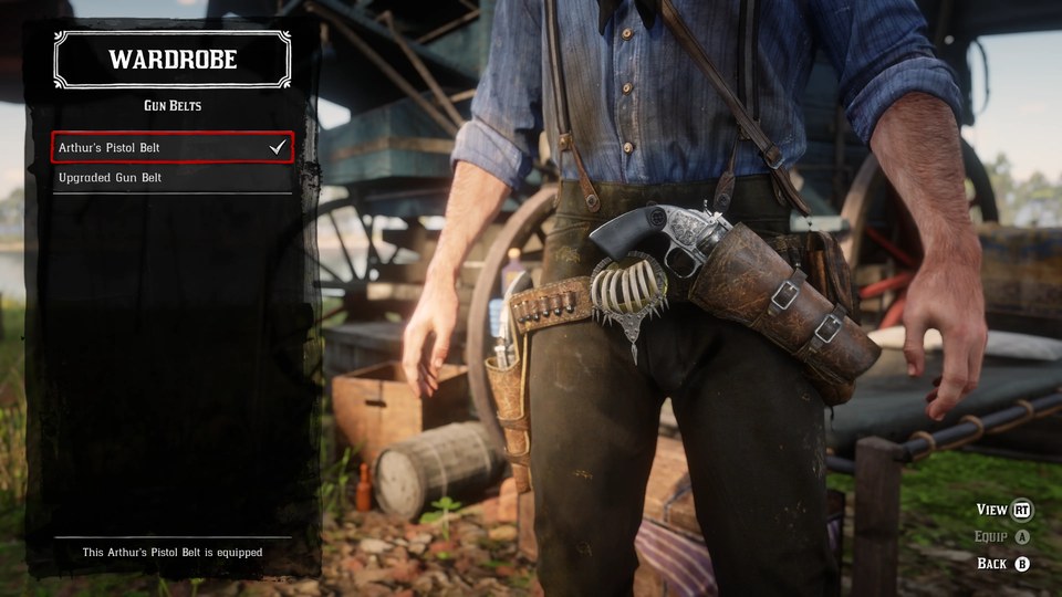 Menú de vestuario con el cinturón de pistola de Arthur equipado en Red Dead Redemption 2