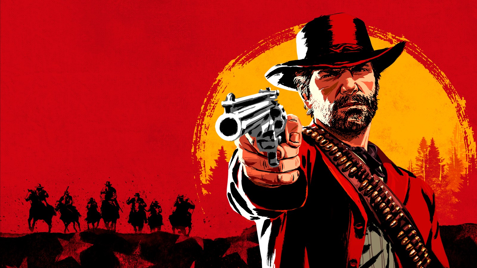Arte promocional de Arthur Morgan apuntando un revólver con la banda al fondo en Red Dead Redemption 2