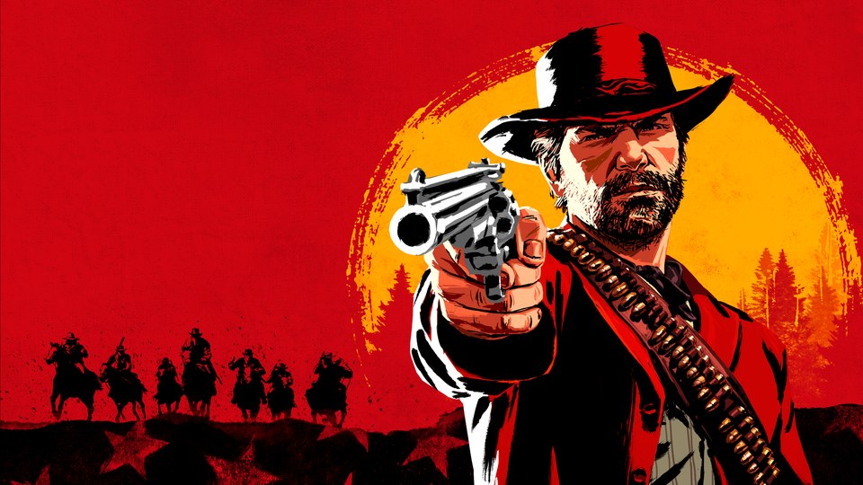 Arte promocional de Arthur Morgan apuntando un revólver con la banda al fondo en Red Dead Redemption 2