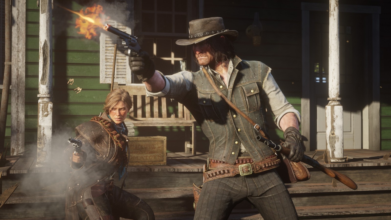 Dos pistoleros disparan sus revólveres frente a un edificio de madera en Red Dead Redemption 2