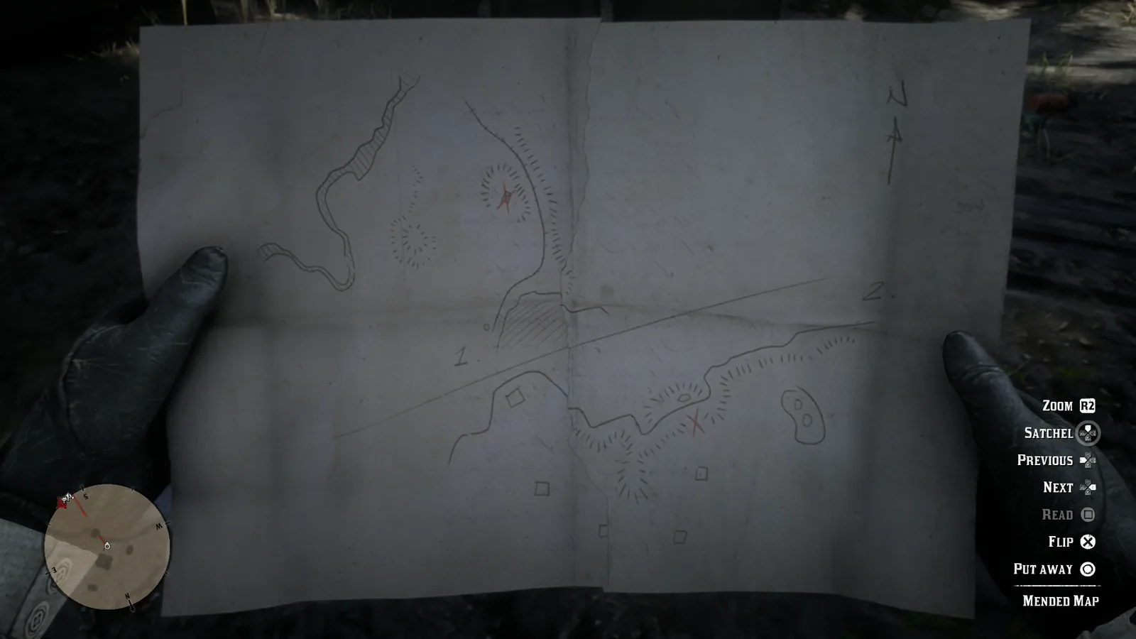 Un mapa del tesoro sostenido con las manos en Red Dead Redemption 2