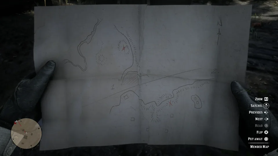 Un mapa del tesoro sostenido con las manos en Red Dead Redemption 2
