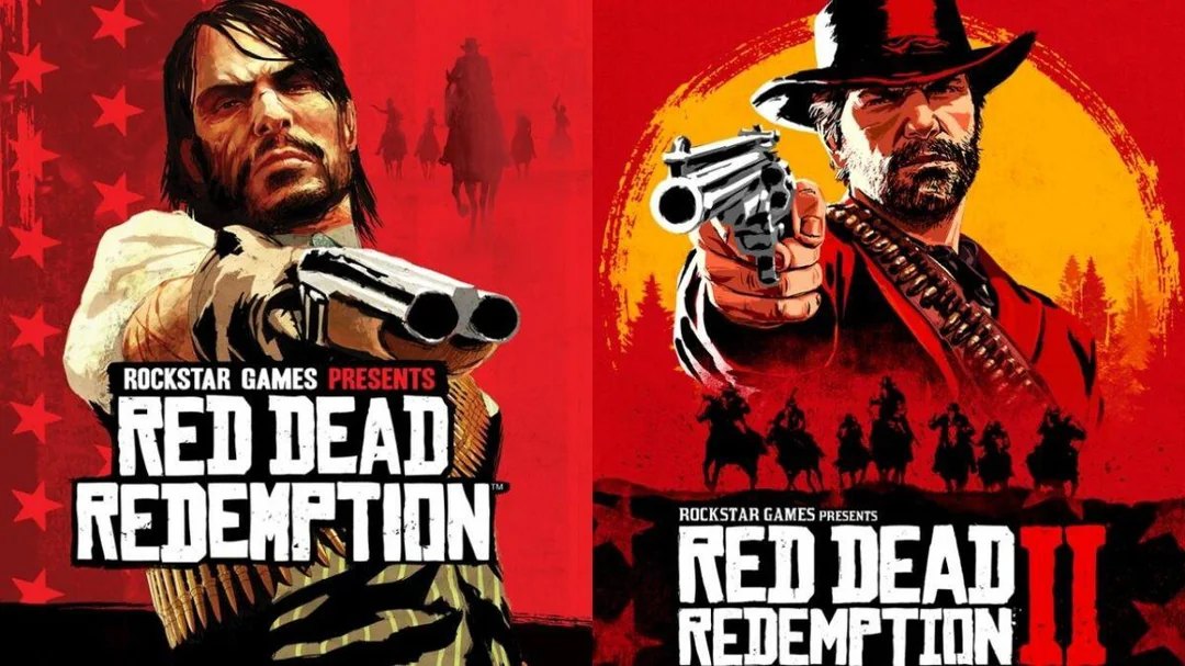 Portadas de Red Dead Redemption y Red Dead Redemption 2: John Marston apunta con una escopeta y Arthur Morgan con un revólver, sobre fondo rojo
