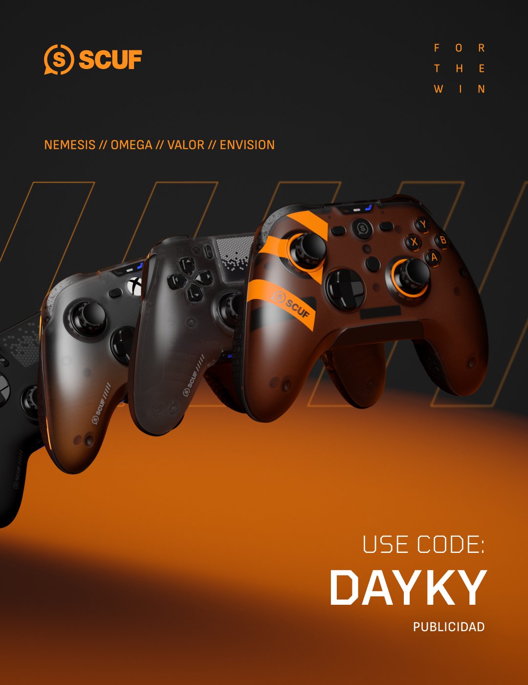 Anuncio de SCUF con el código de creador DAYKY y los mandos Nemesis, Omega, Valor y Envision