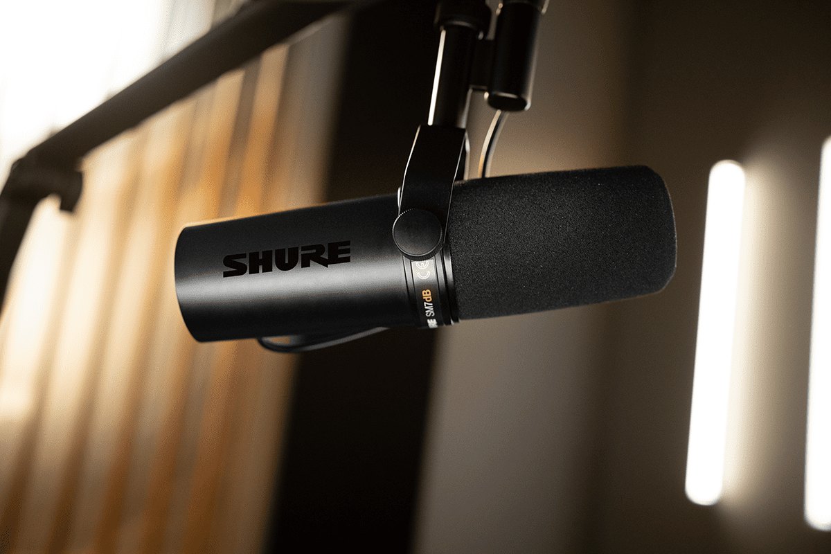 Shure SM7dB microphone with built-in preamp on a boom arm