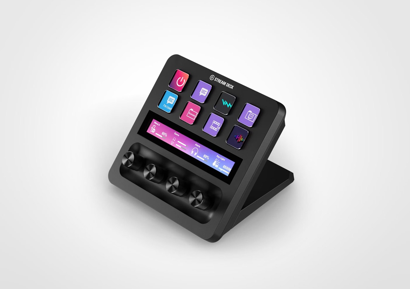 Stream Deck + with eight keys, a touch strip and four dials