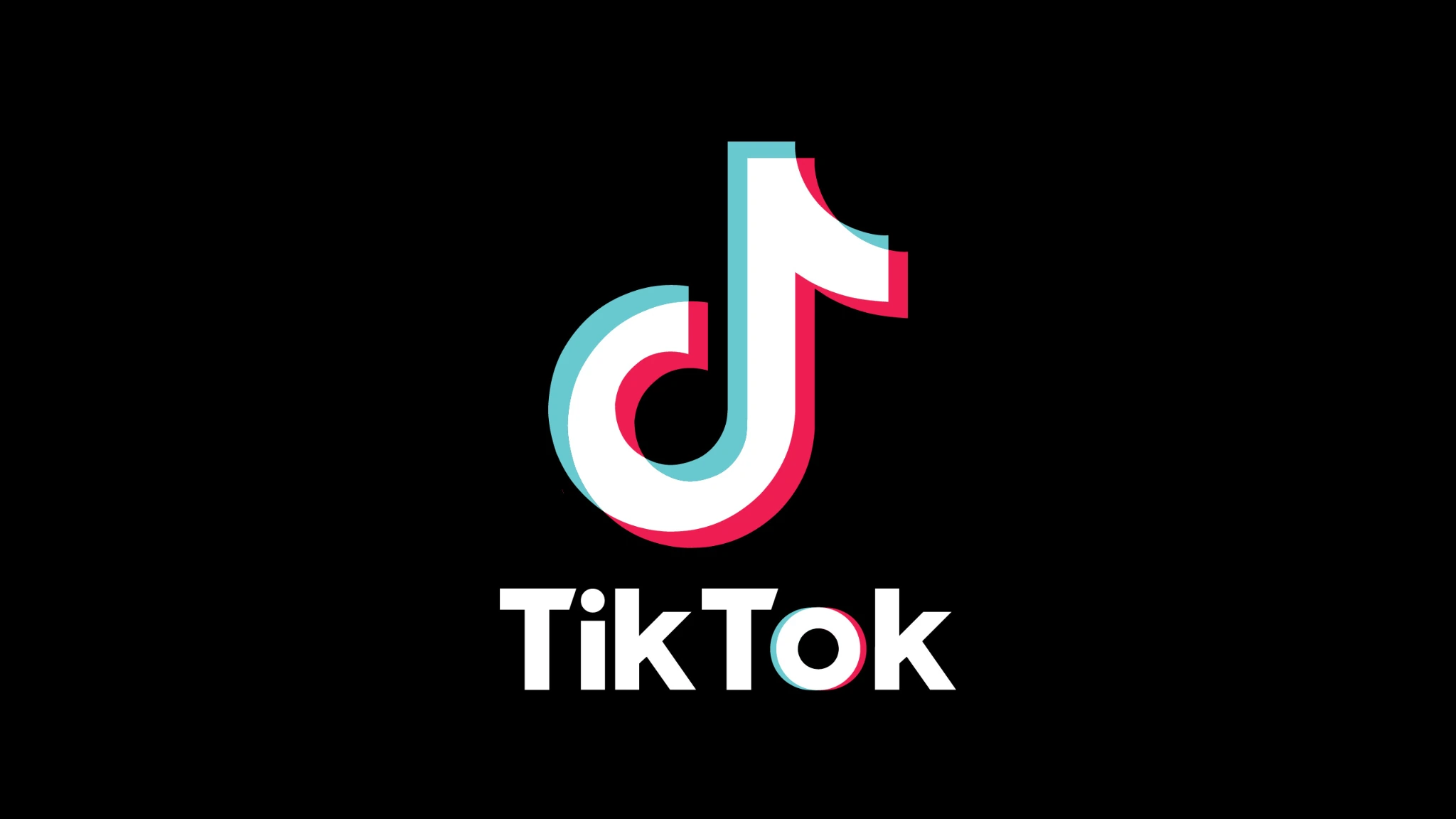 TikTok logo in white with cyan and magenta shadows on a black background